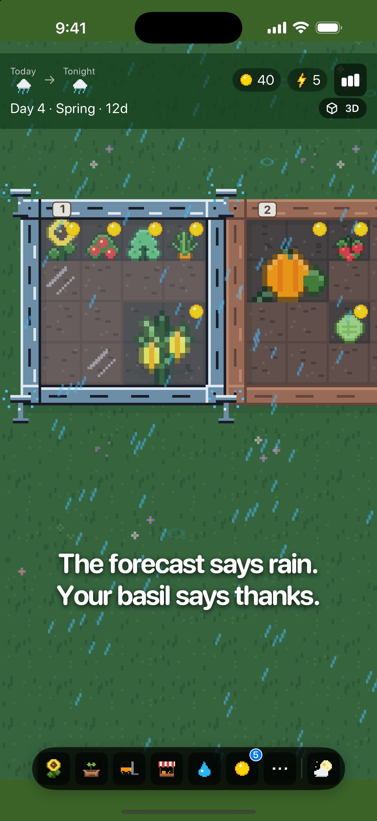 Rain falling over the garden in PlanterBoxed — 'The forecast says rain. Your basil says thanks.'