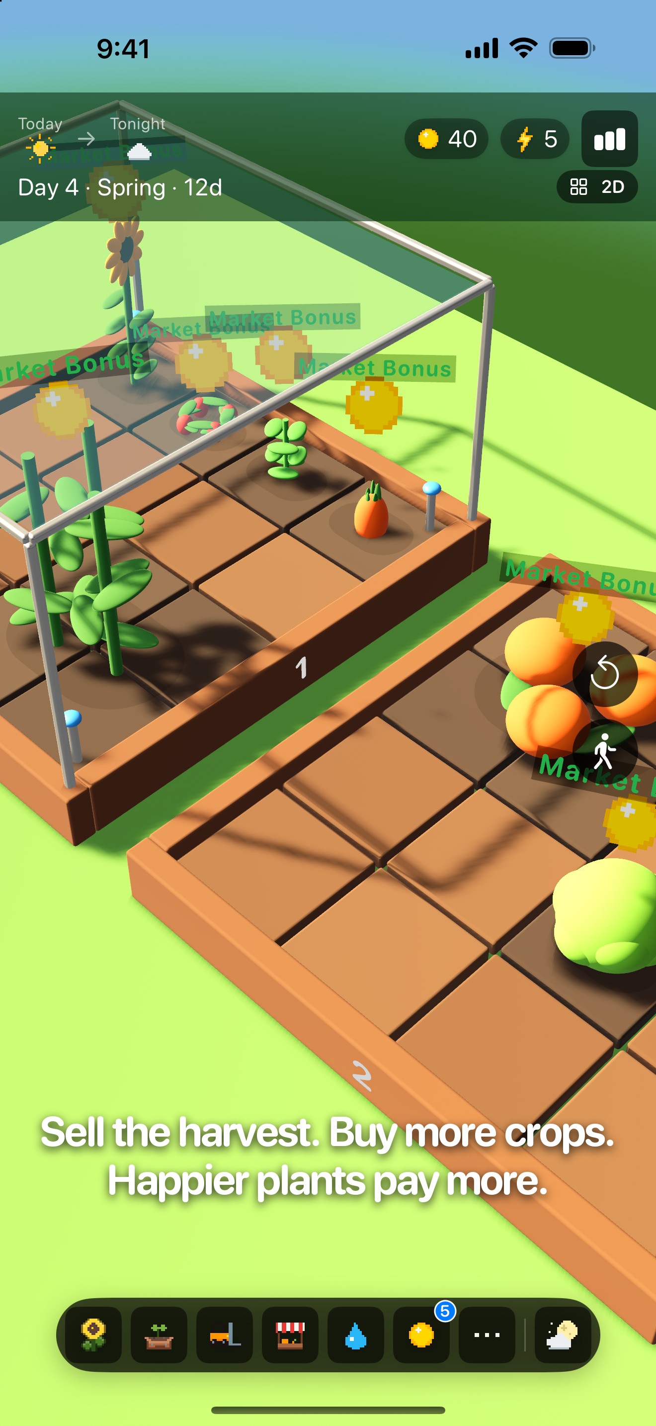 Harvest moment in PlanterBoxed — 'Sell the harvest. Buy more crops. Happier plants pay more.'