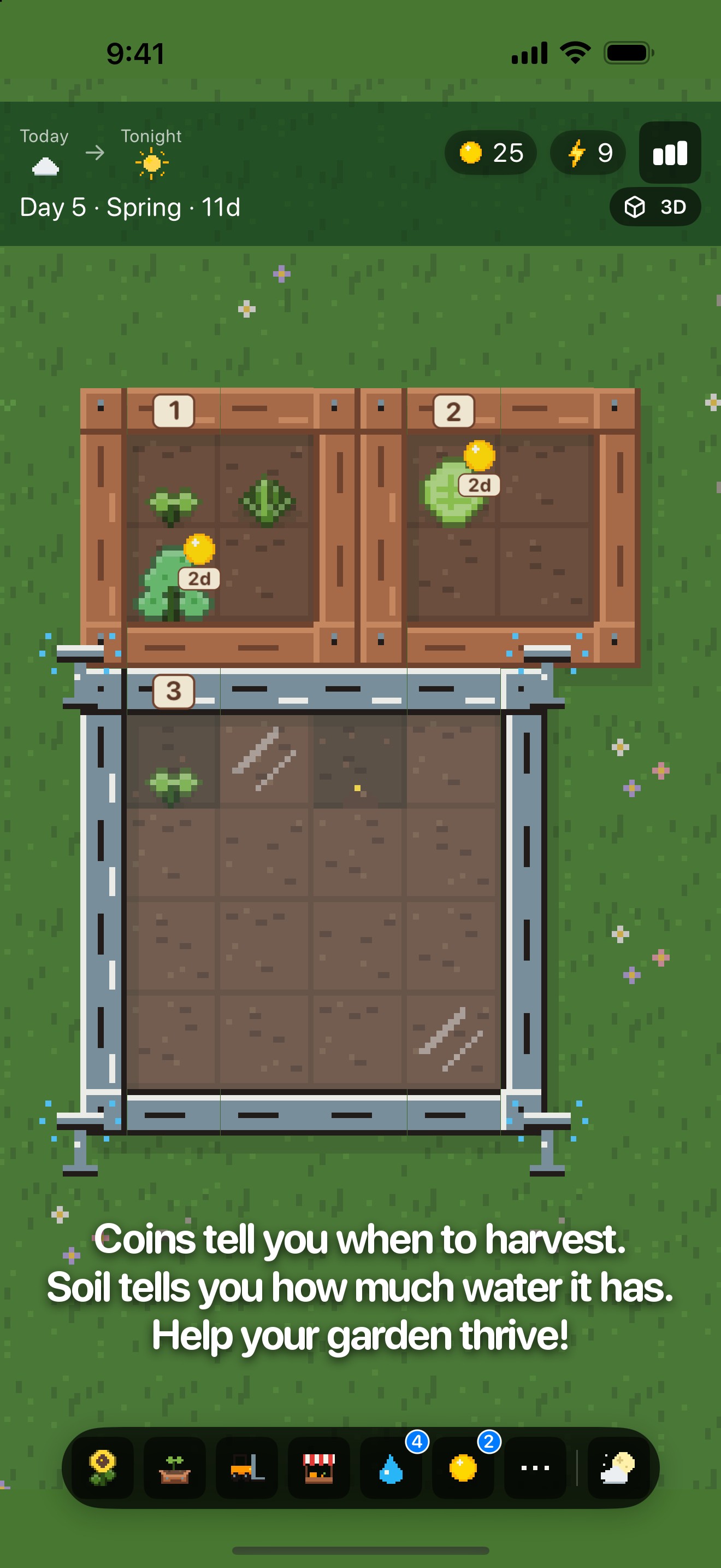 Plant care in PlanterBoxed — 'Coins tell you when to harvest. Soil tells you how much water it has.'