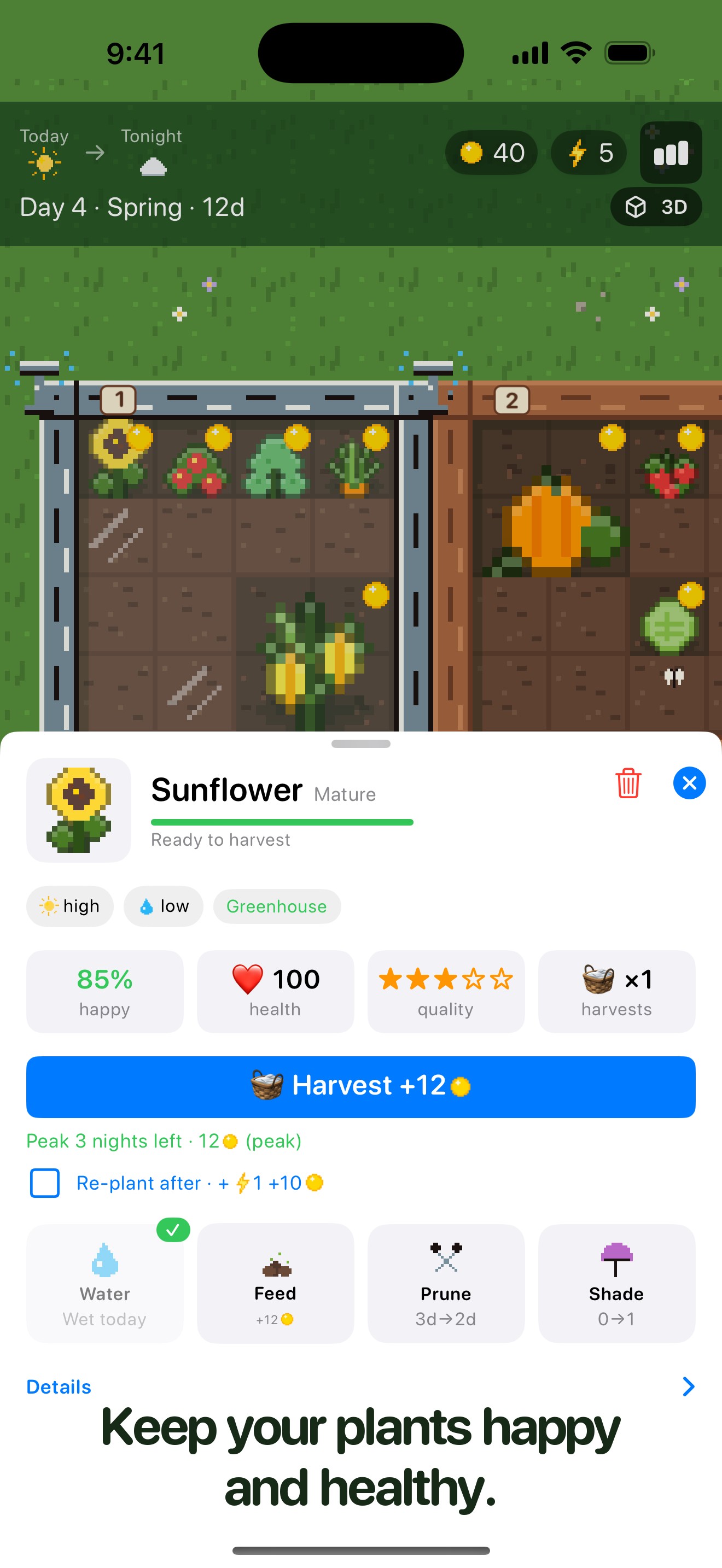 Plant information sheet in PlanterBoxed — 'Keep your plants happy and healthy.'