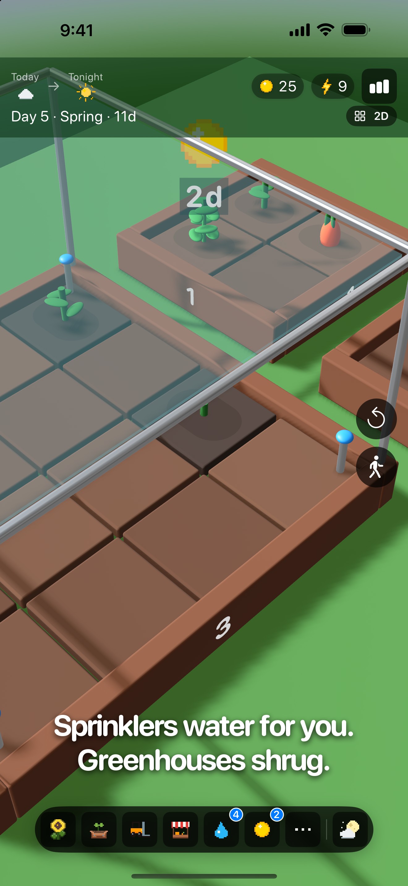 Sprinklers and greenhouse upgrades in PlanterBoxed — 'Sprinklers water for you. Greenhouses shrug.'