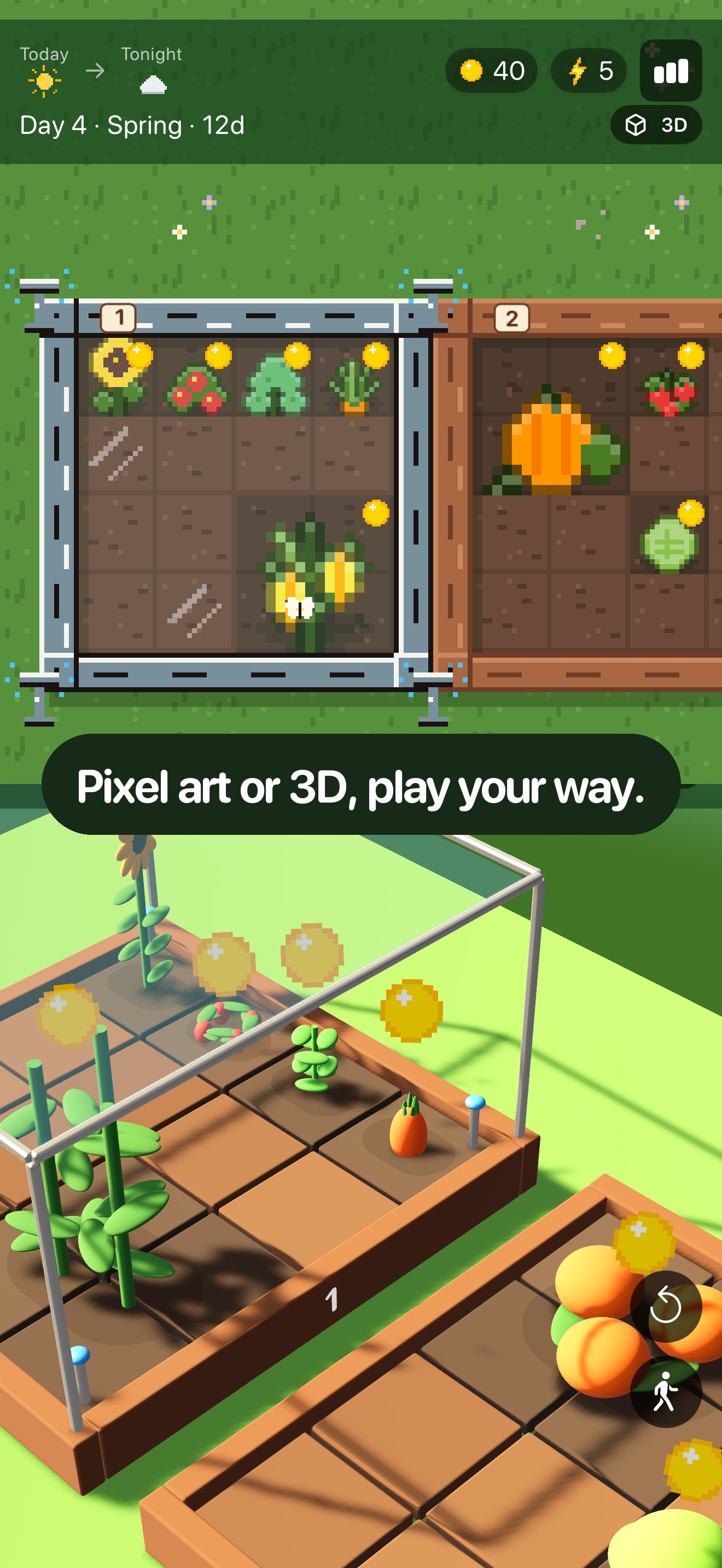 PlanterBoxed in pixel art and 3D — 'Pixel art or 3D, play your way.'