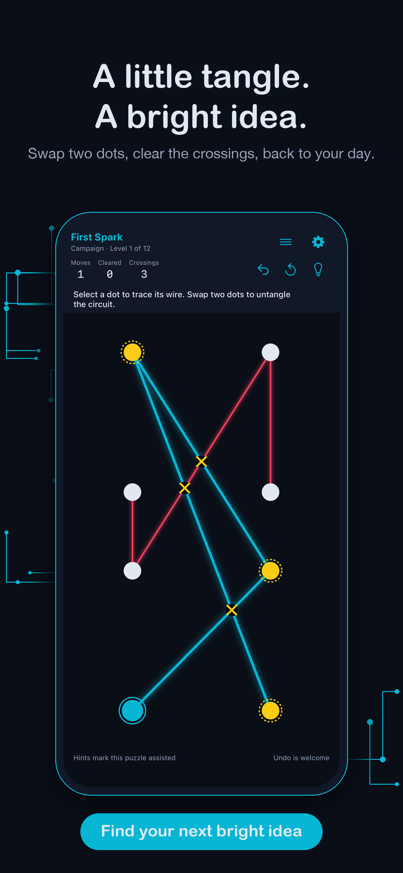 VoltPath — 'A little tangle. A bright idea.' Swap two dots, clear the crossings, back to your day.