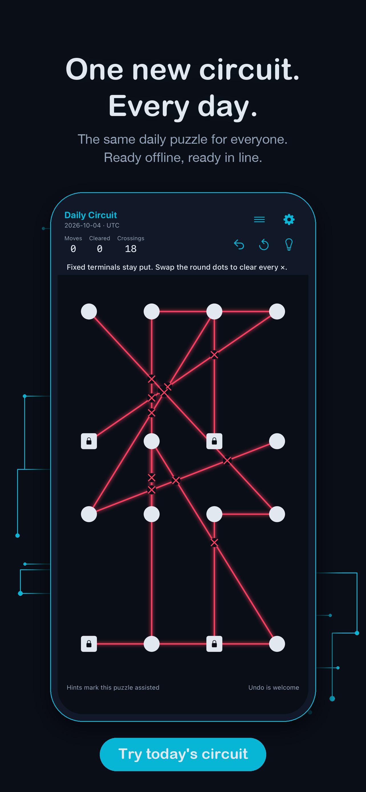 VoltPath Daily Circuit — 'One new circuit. Every day.' The same daily puzzle for everyone, ready offline.