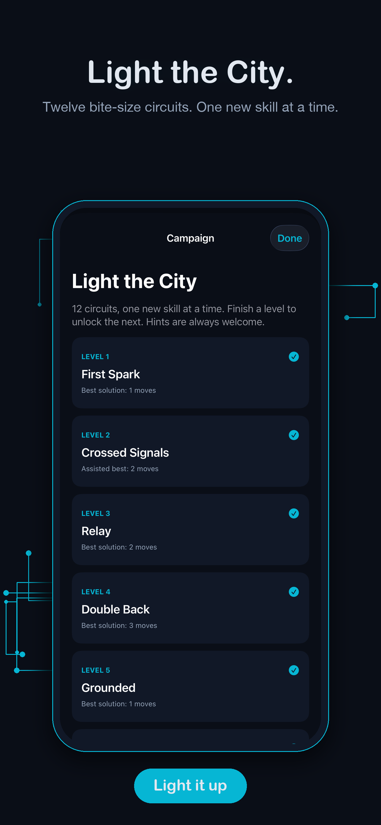 VoltPath Light the City campaign — 'Twelve bite-size circuits. One new skill at a time.'