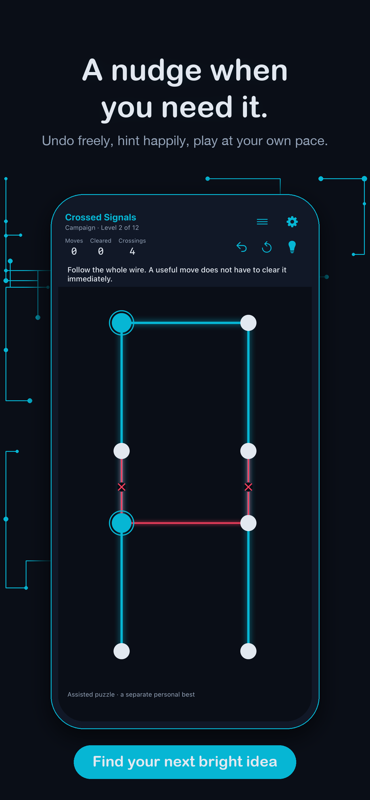VoltPath hints — 'A nudge when you need it.' Undo freely, hint happily, play at your own pace.