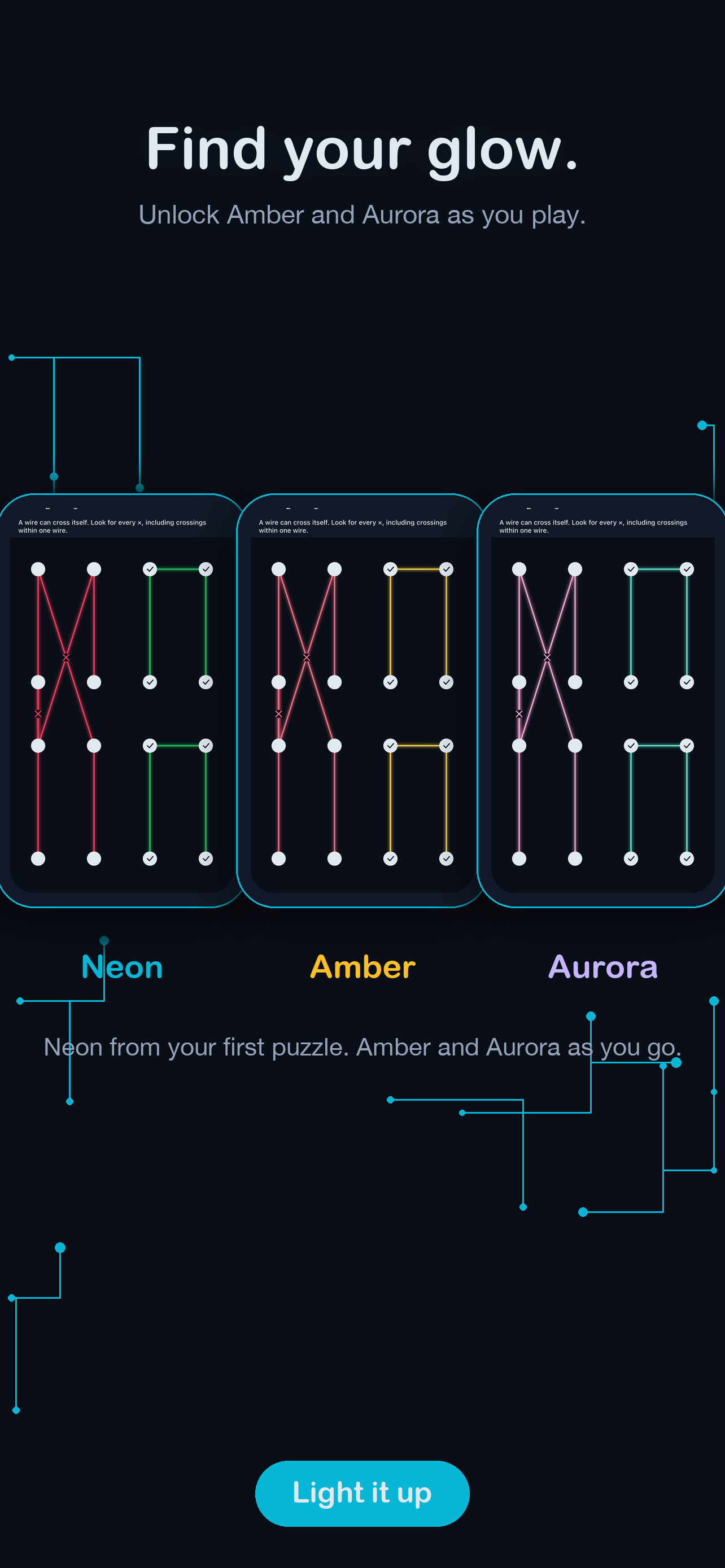 VoltPath circuit themes — 'Find your glow.' Unlock Amber and Aurora as you play.