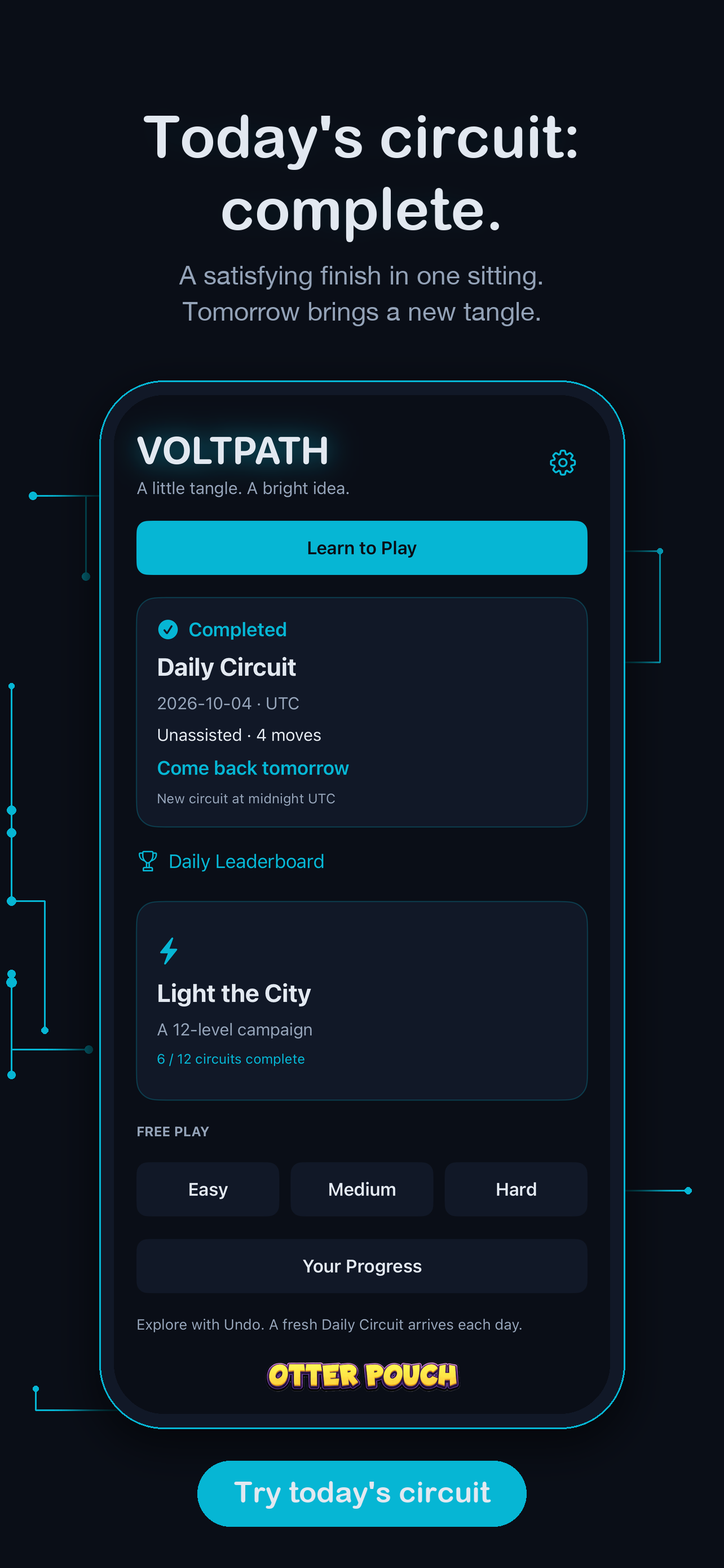 VoltPath Daily Circuit completed — 'Today's circuit: complete.' Tomorrow brings a new tangle.