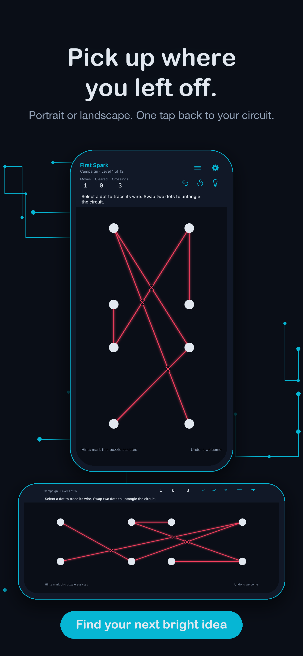 VoltPath resume screen — 'Pick up where you left off.' Portrait or landscape, one tap back to your circuit.